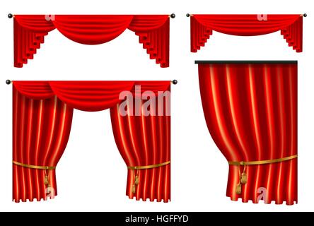 Set di 3d rosso di lusso cortina di seta, realistica decorazione interna Illustrazione Vettoriale
