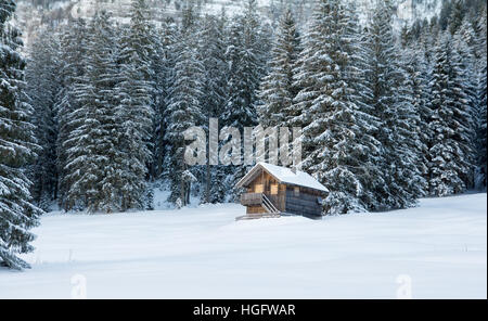 Casa in legno in foresta con tanta neve Foto Stock