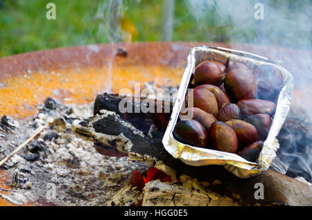 La tostatura le castagne sul fuoco di legno Foto Stock