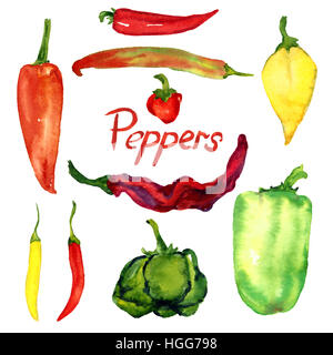 Peperoni varietà impostare, isolato dipinte a mano illustrazione ad acquerello Foto Stock