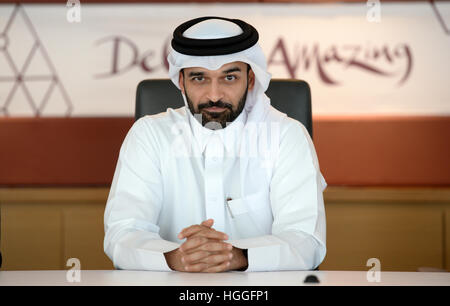 Al Khor, in Qatar. Il 9 gennaio, 2017. Hassan Al Thawadi, Segretario Generale del Comitato supremo per la consegna e il lascito del 2022 FIFA World Cup parla durante un colloquio in una sala conferenze presso l'Al Bidda Tower, la residenza del comitato Al Khor, Qatar, 9 gennaio 2017. Credito: dpa picture alliance/Alamy Live News Foto Stock