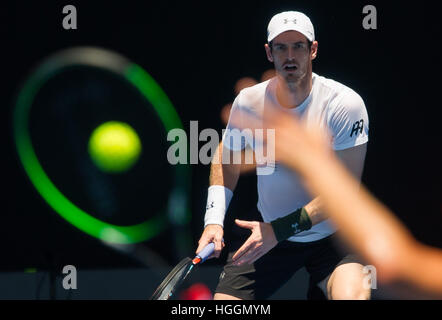 Melbourne, Australia. Decimo gen, 2017. Andy Murray di Gran Bretagna partecipa a una sessione di formazione in anticipo degli Australian Open 2017 a Melbourne Park a Melbourne, Australia. L'Australian Open 2017 si svolgerà a Melbourne Park da Gen 16 al 29 gennaio. © Bai Xue/Xinhua/Alamy Live News Foto Stock