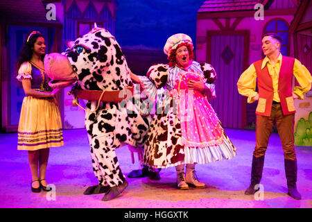 Un tradizionale pantomima mucca in un dilettante AmDram Theatre Company dress ripassando la pantomima Jack e il Beanstalk sul palco a Aberystwyth Arts Center, Wales UK Foto Stock