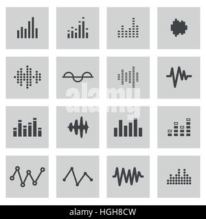 Linea del vettore di musica le icone a forma di onda sonora impostata su sfondo grigio Illustrazione Vettoriale