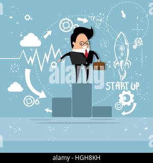 Business man in piedi sul podio il successo del progetto di avvio con battenti Rocket Illustrazione Vettoriale