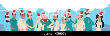 Gruppo mediale del team di medici con casella di Chat usura Santa Claus Hat Buon Natale e Felice Anno Nuovo Banner Illustrazione Vettoriale