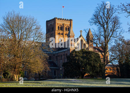 Vista la storica St Albans Cathedral in Hertfordshire, Inghilterra. Foto Stock