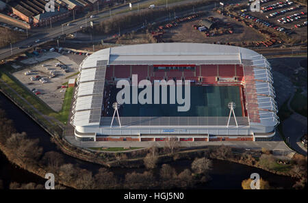 Vista aerea dello stadio AESSEAL New York, del campo da calcio Rotherham United, South Yorkshire Foto Stock