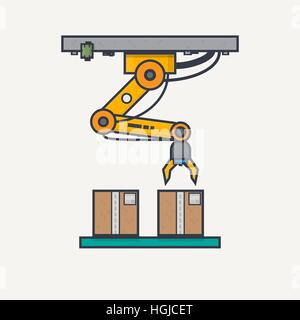 Pixel della linea, stile classico giallo il braccio robotico dalla fabbrica con trasportatore e scatole. Illustrazione Vettoriale