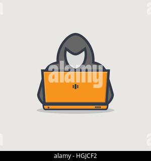 Linea spessa emblema della persona hacker con golden computer portatile di rubare informazioni personali da internet. Illustrazione Vettoriale