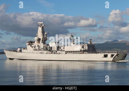 BNS Leopoldo I (F930), un Karel portiere-class frigate belga della Marina Militare, all'inizio dell'esercizio comune della Warrior 16-2 Foto Stock
