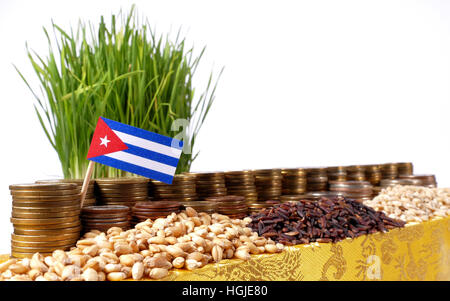 Cuba bandiera sventola con la pila di banconote e monete in pile di frumento e di sementi di riso Foto Stock