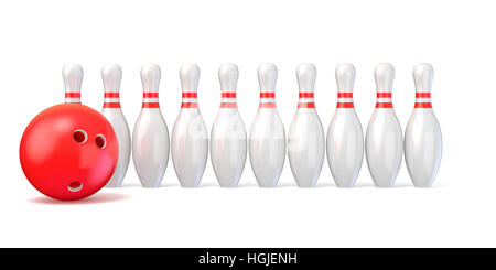 Bowling spine rivestite e palla da bowling. 3D render illustrazione isolati su sfondo bianco Foto Stock