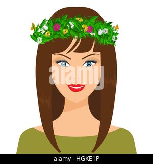 Vettore molla felice ragazza. Floweres, foglie e butterfly su i suoi capelli. Schermo piatto a colori e design di stile. Ideale per annunci cosmetici Illustrazione Vettoriale