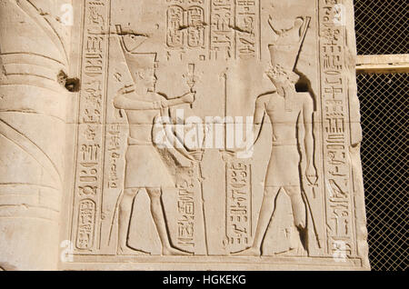 Incisioni sulla parete interna del Tempio di Edfu, è uno dei meglio conservati di santuari in Egitto, dedicato al dio falco Horus Foto Stock