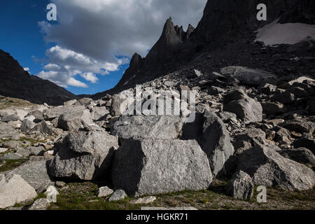 Un campo di boulder alla base della guerra di picco del cofano, Popo Agie Wilderness, Wyoming. Foto Stock