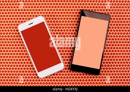 Due smartphone con schermi vuoti come mock up copia spazio, vista dall'alto di cellulari su sfondo puntinato Foto Stock