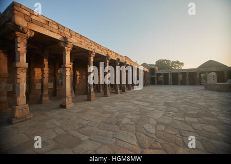 Colonne con scultura in pietra nel cortile del Quwwat-Ul-islam moschea, Qutub Minar complesso, Delhi, India Foto Stock