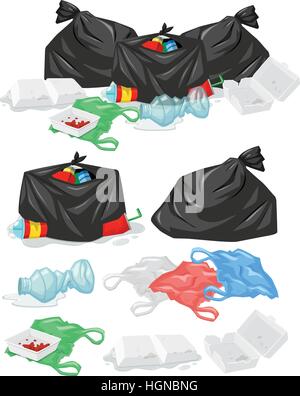 Molte pile di immondizia con sacchetti di plastica e bottiglie illustrazione Illustrazione Vettoriale