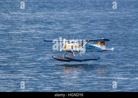 Un De Havilland Beaver Harbour Air idrovolante decolla da horbour Vancouver, British Columbia, Canada. Foto Stock