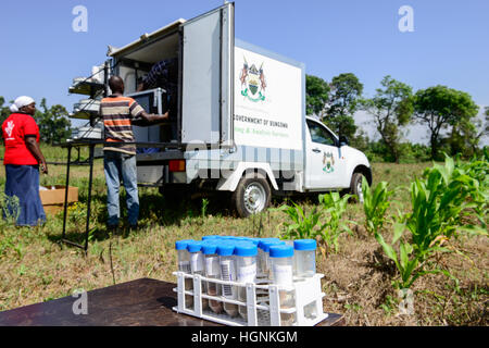 Il Kenya, nella contea di Bungoma, Mabanga, la formazione agricola istituto, terreno mobile di prove di laboratorio, i campioni di suolo / KENIA, landwirtschaftliches Traningszentrum, mobiles Bodentest und analizzare la manodopera, Bodenprobe Foto Stock