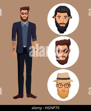 Giacca uomo barbuto tatuaggio bicchieri volti di uomini Illustrazione Vettoriale