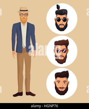 Uomo in piedi con hat bicchieri hispter barba e volti di uomini Illustrazione Vettoriale