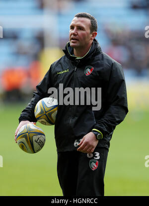 Leicester Tigers coach Aaron Mauger durante la Aviva Premiership corrispondono al Ricoh Arena Coventry. Stampa foto di associazione. Picture Data: domenica 8 gennaio 2017. Vedere PA storia RUGBYU vespe. Foto di credito dovrebbe leggere: David Davies/filo PA. Restrizioni: solo uso editoriale. Uso non commerciale. Foto Stock