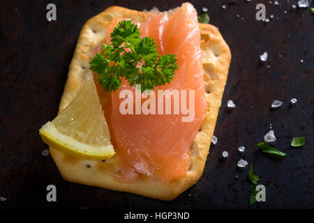 Salmone affumicato su cracker salati con sale ed erbe aromatiche Foto Stock