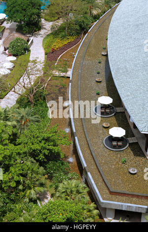 Vista superiore della corte interna del grande hotel con alberi tropicali e fiori, giardini, piscine, aprire spazi interni, waterfolls ect. Foto Stock