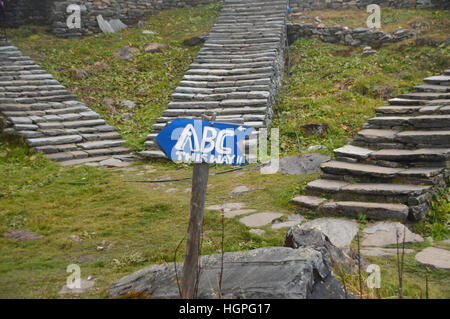 Cartello rivolto a ABC Annapurna Base Camp da Machhapuchhre Base Camp nel Santuario di Annapurna Himalaya,, Nepal, Asia. Foto Stock