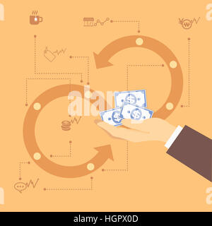 Mano con denaro e infografico frecce circolare Foto Stock