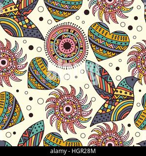 Modello senza cuciture con uccello e cuore in stile Boho Illustrazione Vettoriale