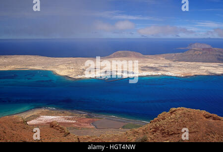 La vista dal Mirador del Rio per l'isola di La Graciosa, Lanzarote, Isole Canarie, Spagna Foto Stock