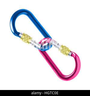 Blu e Rosa moschettoni legati insieme su sfondo bianco Foto Stock