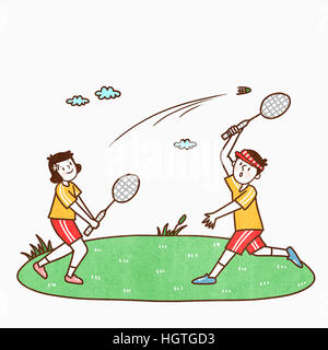 Coppia sorridente riproduzione di badminton Foto Stock
