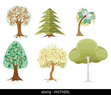 Illustrazione vettoriale di un sei set di alberi Illustrazione Vettoriale