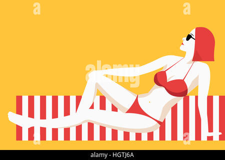 Vista laterale della donna in bikini in posa sul rosso tappeto a strisce Foto Stock