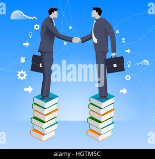 Partnership basata sulla conoscenza la concezione di business. Due imprenditori agitando ogni altre mani in piedi sul libro di pile. Concetto di trattativa, beneficio, comune gro Illustrazione Vettoriale