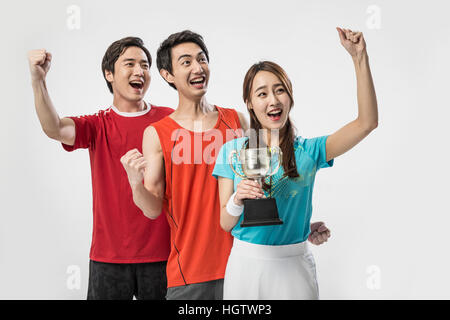 I giovani coreani sorridente gli sportivi tifo Foto Stock