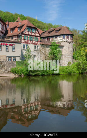 Case Half-Timbering in Schwaebisch Hall, Baden-Wuerttemberg, Heilbronn-Franconia, Germania, Schwaebisch Hall, Kocher River, Hohenlohe regione Foto Stock