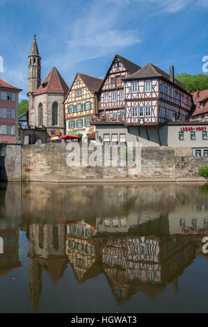 Case Half-Timbering in Schwaebisch Hall, Heilbronn-Franconia, Baden-Wuerttemberg, Schwaebisch Hall, Kocher Valley, Hohenlohe terra, Johanniterkirche, Germania Foto Stock