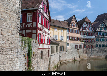 Case Half-Timbering in Schwaebisch Hall, Heilbronn-Franconia, Baden-Wuerttemberg, Schwaebisch Hall, Kocher Valley, Hohenlohe terra, Grasboedele, Germania Foto Stock