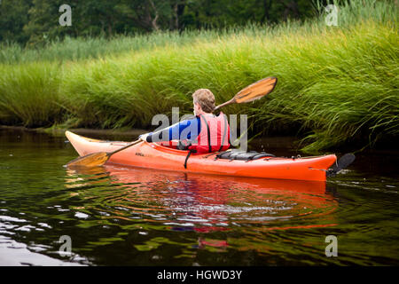 Un uomo in kayak in basso, porzione di marea del fiume Taunton in Dighton, Massachusetts. Recentemente indicata una selvaggia e Scenic River. L'estate. Foto Stock