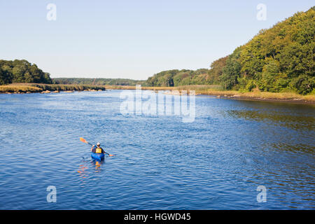 Un uomo in kayak in basso, porzione di marea del fiume Taunton in Dighton, Massachusetts. Recentemente indicata una selvaggia e Scenic River. L'estate. Foto Stock