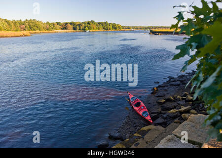 Un uomo in kayak in basso, porzione di marea del fiume Taunton in Dighton, Massachusetts. Recentemente indicata una selvaggia e Scenic River. L'estate. Foto Stock