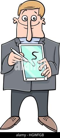 Cartoon illustrazione dell'uomo facendo la presentazione con un Tablet PC e una penna Illustrazione Vettoriale