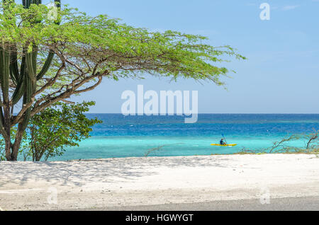 Aruba, dei Caraibi - 28 Settembre 2012: un uomo a cavallo di un kayak da una spiaggia di Aruba nei Caraibi Foto Stock