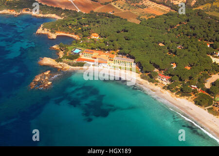 Vista aerea della costa della Sardegna vicino ad Alghero, Sardegna, Italia Foto Stock