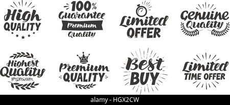 Set aziendale icone o simboli. Disegnate a mano scritte belle qualità, premium, offerta a tempo limitato, garanzia best buy, genuine Illustrazione Vettoriale